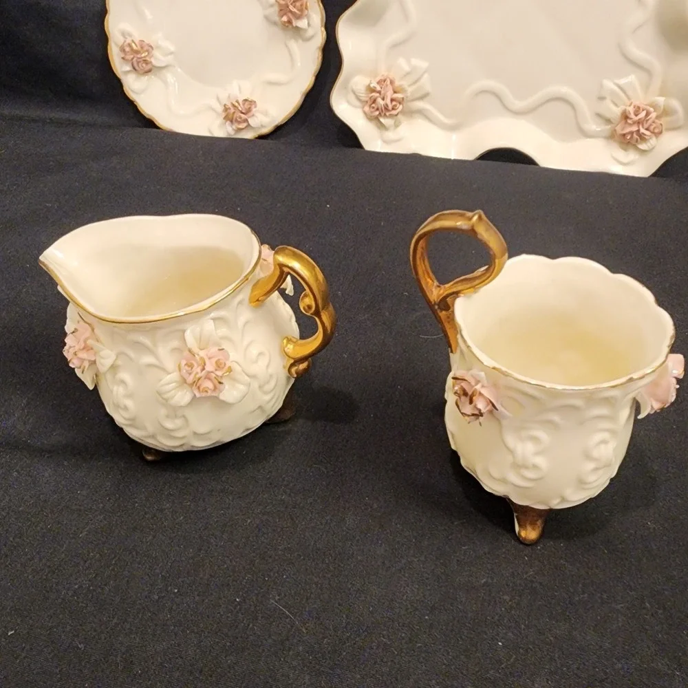 VTG Victorian Porcelain 5‎ Pc Set Pink Rose & Gold Trim Shabby Chic